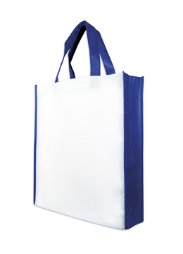 Shopperbag,
weiß/royalblau,
2 kurze Henkel,
Qualität: ca. 90 gr.